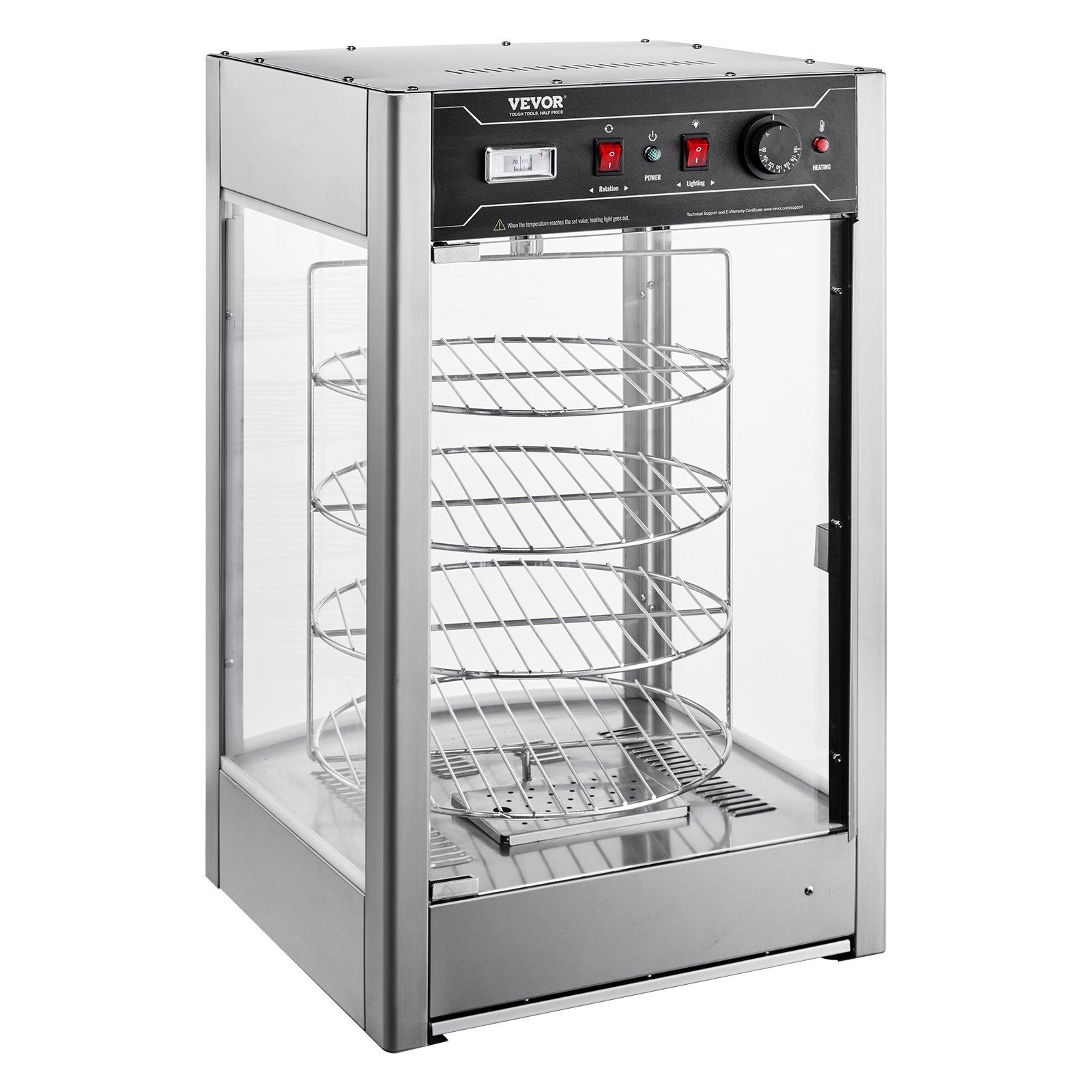 VEVOR Commercial Food Warmer Display for 14" Pizza, 4-Tier Pizza Warmer with Rotary Steam Heating, 30℃~85℃ Temperature Control and Temp Display, 25W Oven Light + Top LED for Pizza Shop, Restaurant