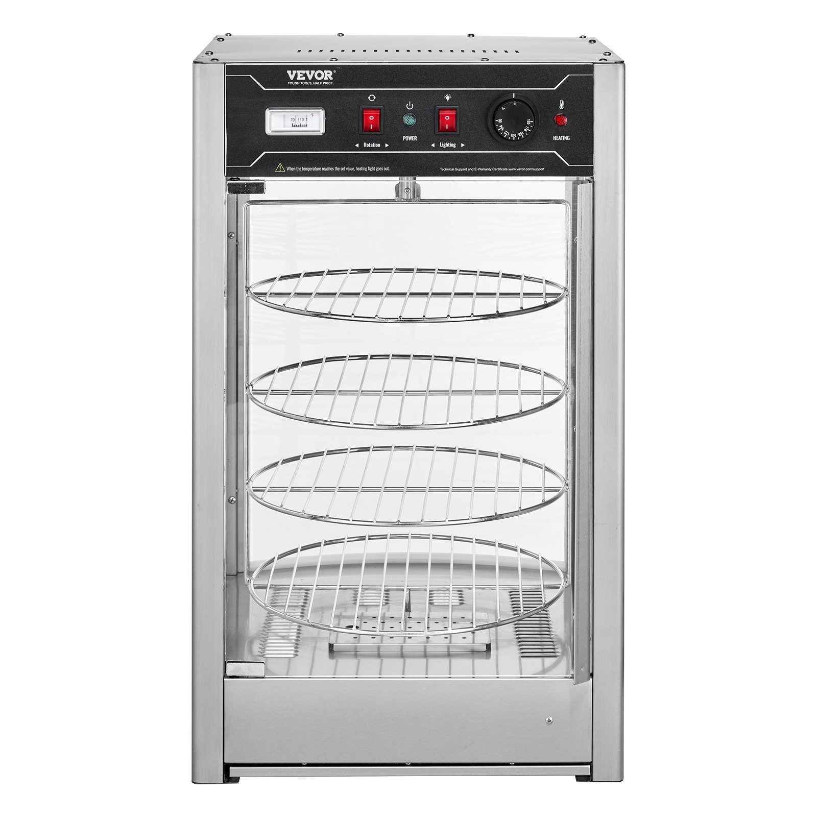 VEVOR Commercial Food Warmer Display for 14" Pizza, 4-Tier Pizza Warmer with Rotary Steam Heating, 30℃~85℃ Temperature Control and Temp Display, 25W Oven Light + Top LED for Pizza Shop, Restaurant