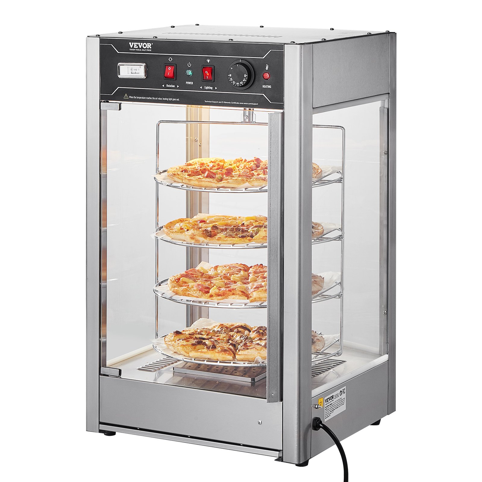 VEVOR Commercial Food Warmer Display for 14" Pizza, 4-Tier Pizza Warmer with Rotary Steam Heating, 30℃~85℃ Temperature Control and Temp Display, 25W Oven Light + Top LED for Pizza Shop, Restaurant