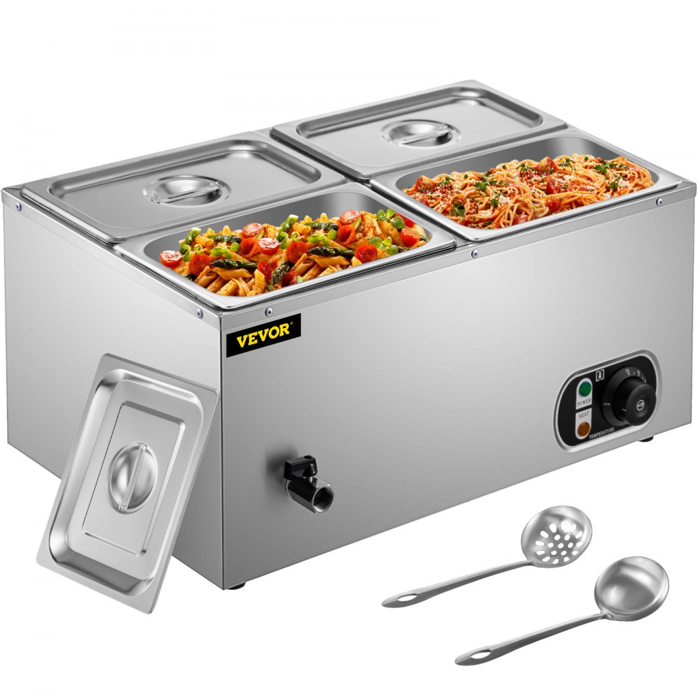 110V 4-Pan Commercial Food Warmer, 1200W Electric Steam Table 15cm