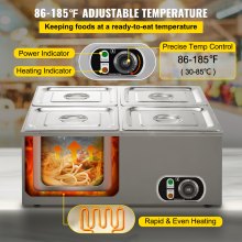 VEVOR 110V Commercial Food Warmer 4x1/4GN, 4-Pan Stainless Steel Bain Marie 14.8 Qt Capacity,1500W Steam Table 15cm/6inch Deep,Temp. Control 86-185, Electric Soup Warmer w/Lids & 2 Ladles