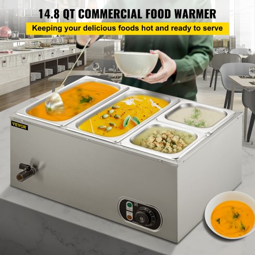 VEVOR 110V Commercial Food Warmer 2x1/3GN and 2x1/6GN, 4-Pan Stainless Steel Bain Marie 14.8 Qt Capacity, 1500W Steam Table 15cm/6inch Deep,Temp. Control 86-185, Electric Soup Warmer w/Lids & 2 Ladles