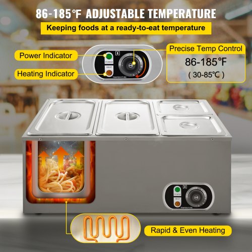VEVOR 110V Commercial Food Warmer 2x1/3GN and 2x1/6GN, 4-Pan Stainless Steel Bain Marie 14.8 Qt Capacity, 1500W Steam Table 15cm/6inch Deep,Temp. Control 86-185, Electric Soup Warmer w/Lids & 2 Ladles