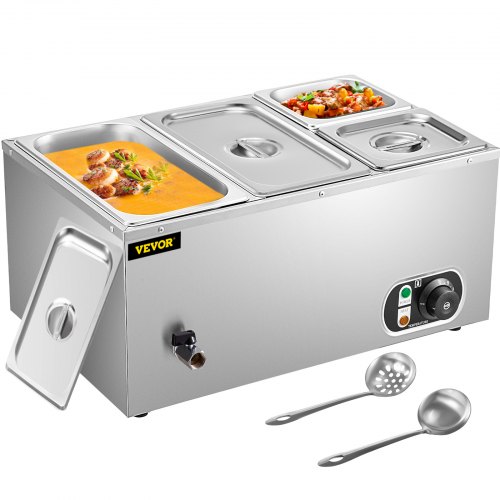 VEVOR 110V Commercial Food Warmer 2x1/3GN and 2x1/6GN, 4-Pan Stainless Steel Bain Marie 14.8 Qt Capacity, 1500W Steam Table 15cm/6inch Deep,Temp. Control 86-185, Electric Soup Warmer w/Lids & 2 Ladles