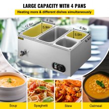 VEVOR 110V Commercial Food Warmer 2x1/3GN and 2x1/6GN, 4-Pan Stainless Steel Bain Marie 14.8 Qt Capacity, 1500W Steam Table 15cm/6inch Deep,Temp. Control 86-185, Electric Soup Warmer w/Lids & 2 Ladles