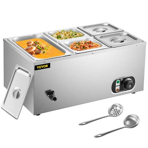 VEVOR 110V Commercial Food Warmer 1x1/3GN and 4x1/6GN, 5-Pan Stainless Steel Bain Marie 13.7 Quart Capacity,1500W Steam Table 15cm/6inch Deep, Electric Food Warmer with Lid for Catering Restaurants