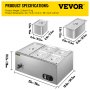 VEVOR 110V Commercial Food Warmer 1x1/3GN and 4x1/6GN, 5-Pan Stainless Steel Bain Marie 13.7 Quart Capacity,1500W Steam Table 15cm/6inch Deep, Electric Food Warmer with Lid for Catering Restaurants