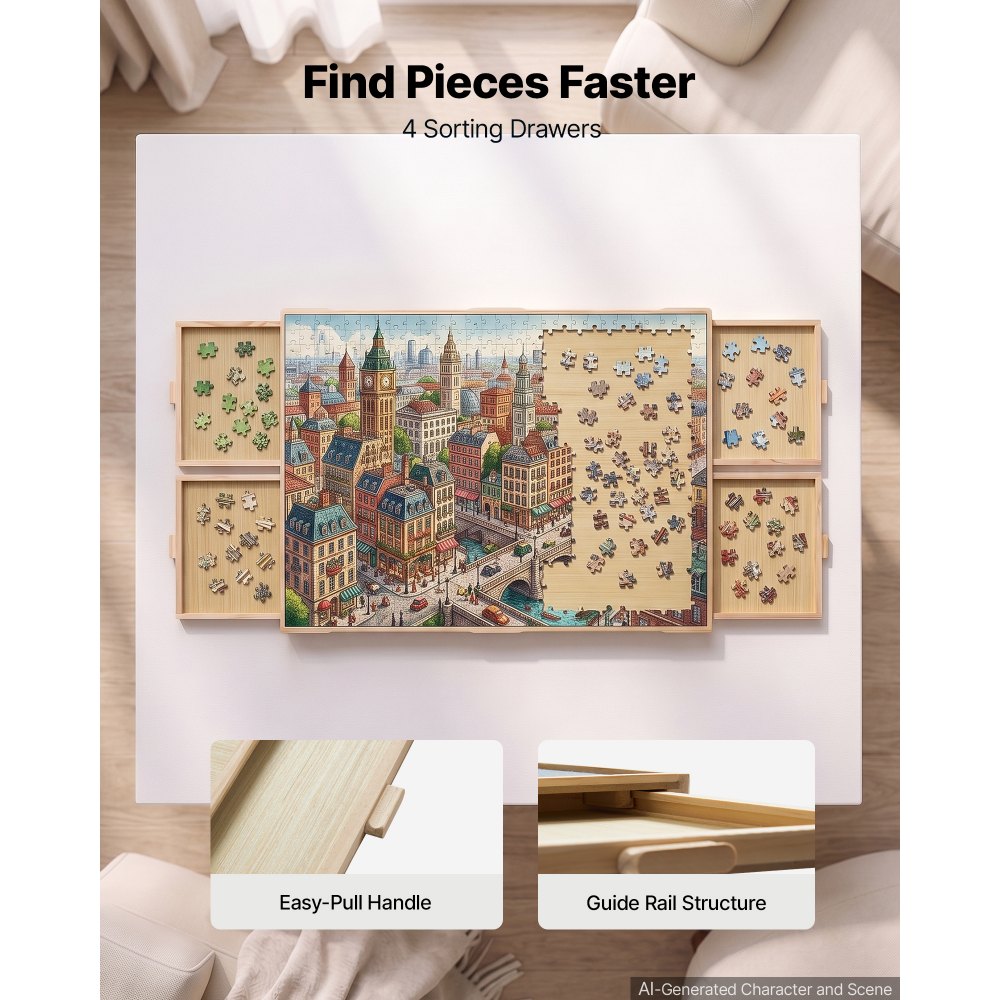 VEVOR 1000 Piece Puzzle Board with 4 Drawers and Cover, 74x53 cm, Birthday Gift for Mom, Portable Wooden Table, Jigsaw Accessories for Adult, Puzzle Organizer Storage System