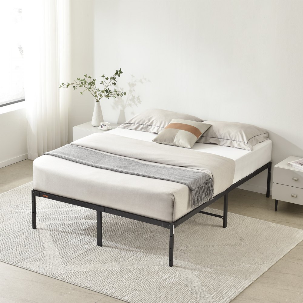 VEVOR 14 inch metal bed frame with beige bedding, gray throw, and minimalist bedroom decor.