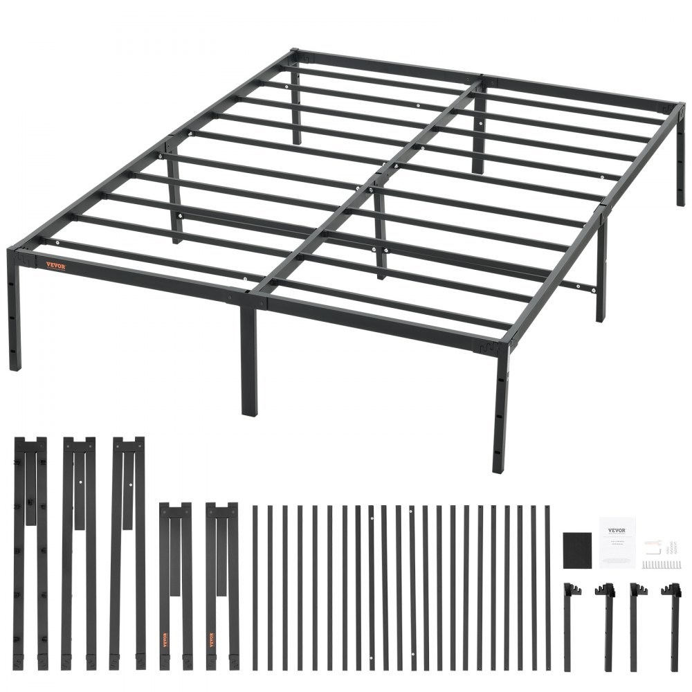 VEVOR 14 inch metal bed frame with black steel slats, frame pieces, and assembly tools laid out.