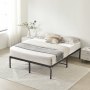 VEVOR 14 inch metal bed frame with beige bedding, gray throw, and minimalist bedroom decor.