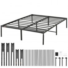 VEVOR 14 tommer sengestel i fuld metal, ingen boksfjeder nødvendig, 1500 lbs lastekapacitet Indlejret kraftig madrasfundament med stållamelstøtte, nem montering, støjfri