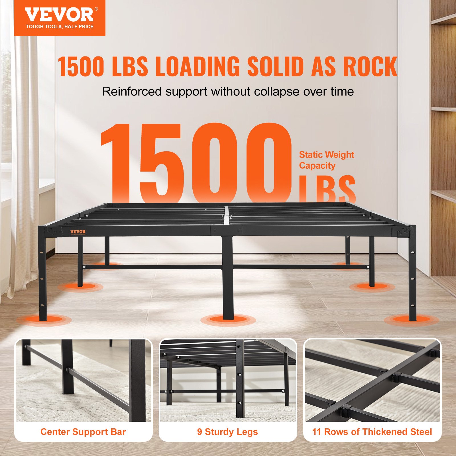 VEVOR 14 inch metal bed frame with 1500 lbs capacity, 9 sturdy legs, center support bar, 11 thick steel rows.