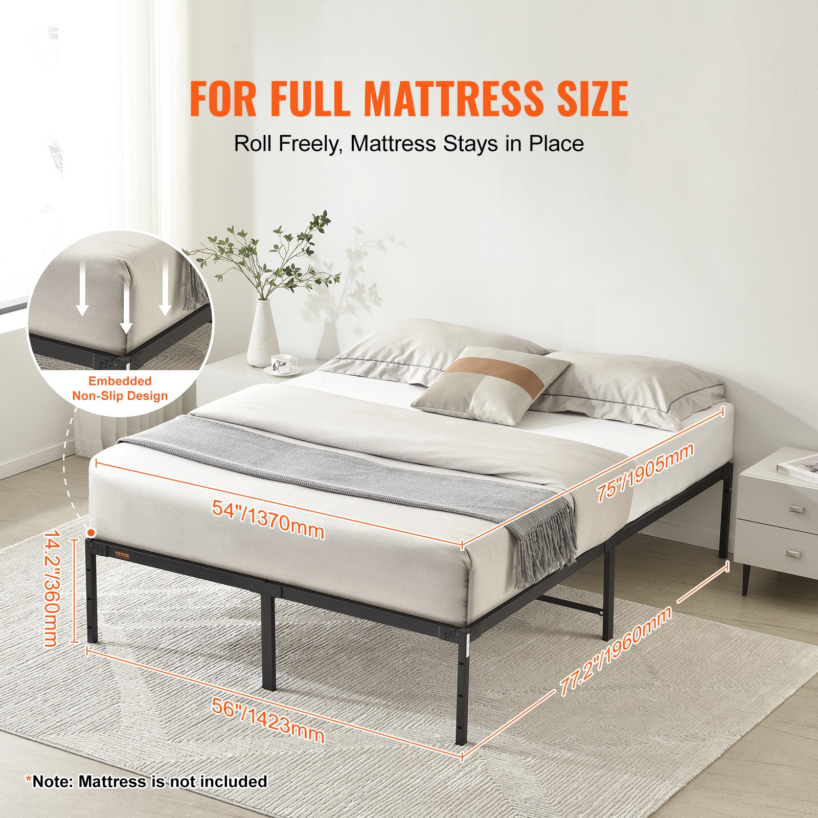 VEVOR 14 inch metal bed frame in bedroom with full-size mattress, non-slip design, measurements shown.