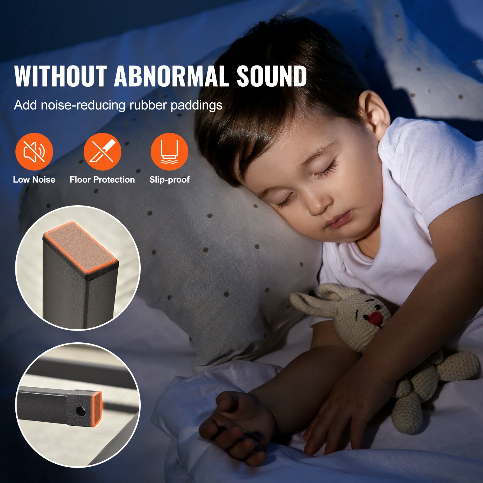 child sleeping soundly with noise-reducing rubber paddings on VEVOR 14 inch metal bed frame, ensuring low noise.