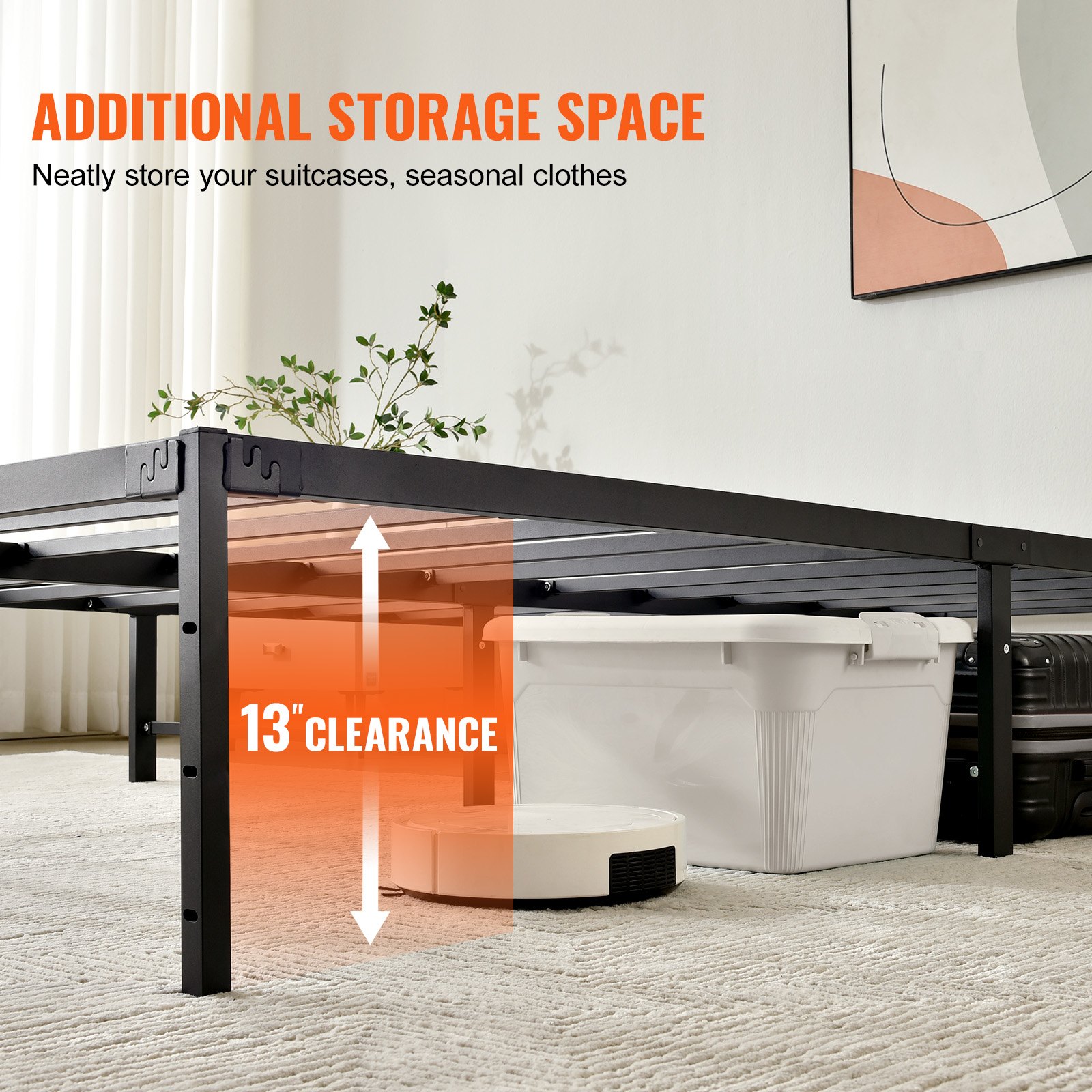 VEVOR 14 inch metal bed frame with 13&quot; clearance for extra storage space, boxes, suitcase, and plants.