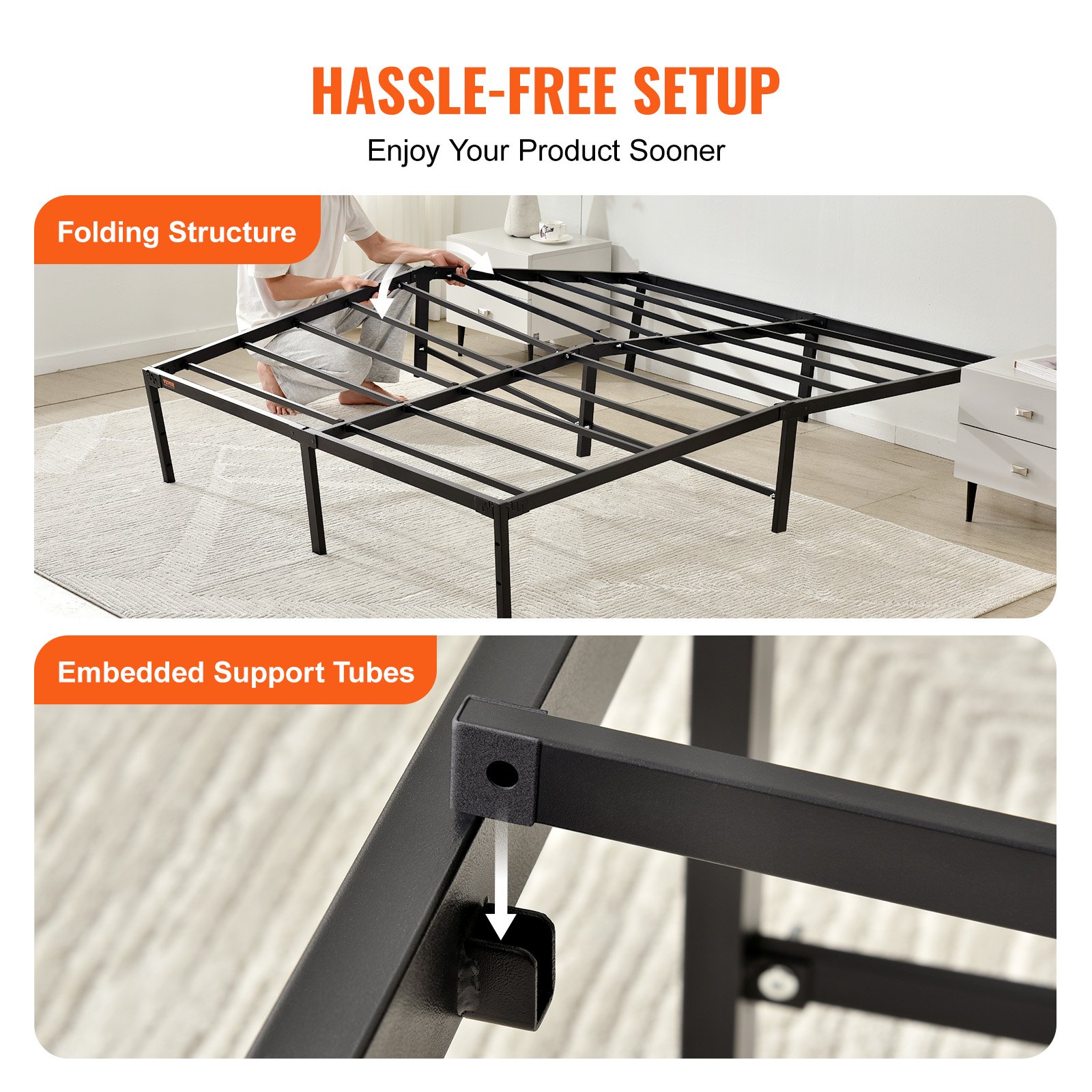 folding VEVOR 14 inch metal bed frame with embedded support tubes for hassle-free setup.