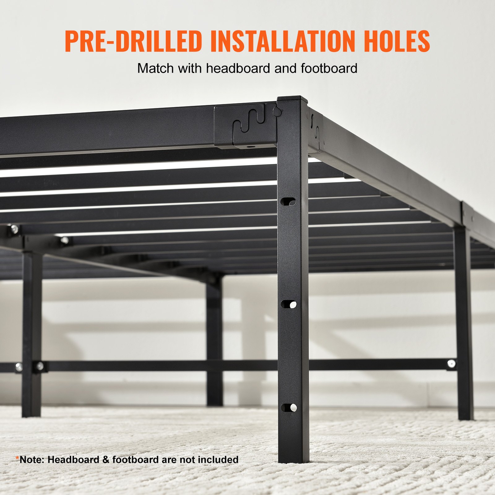 VEVOR 14 inch metal bed frame with pre-drilled holes for headboard and footboard.
