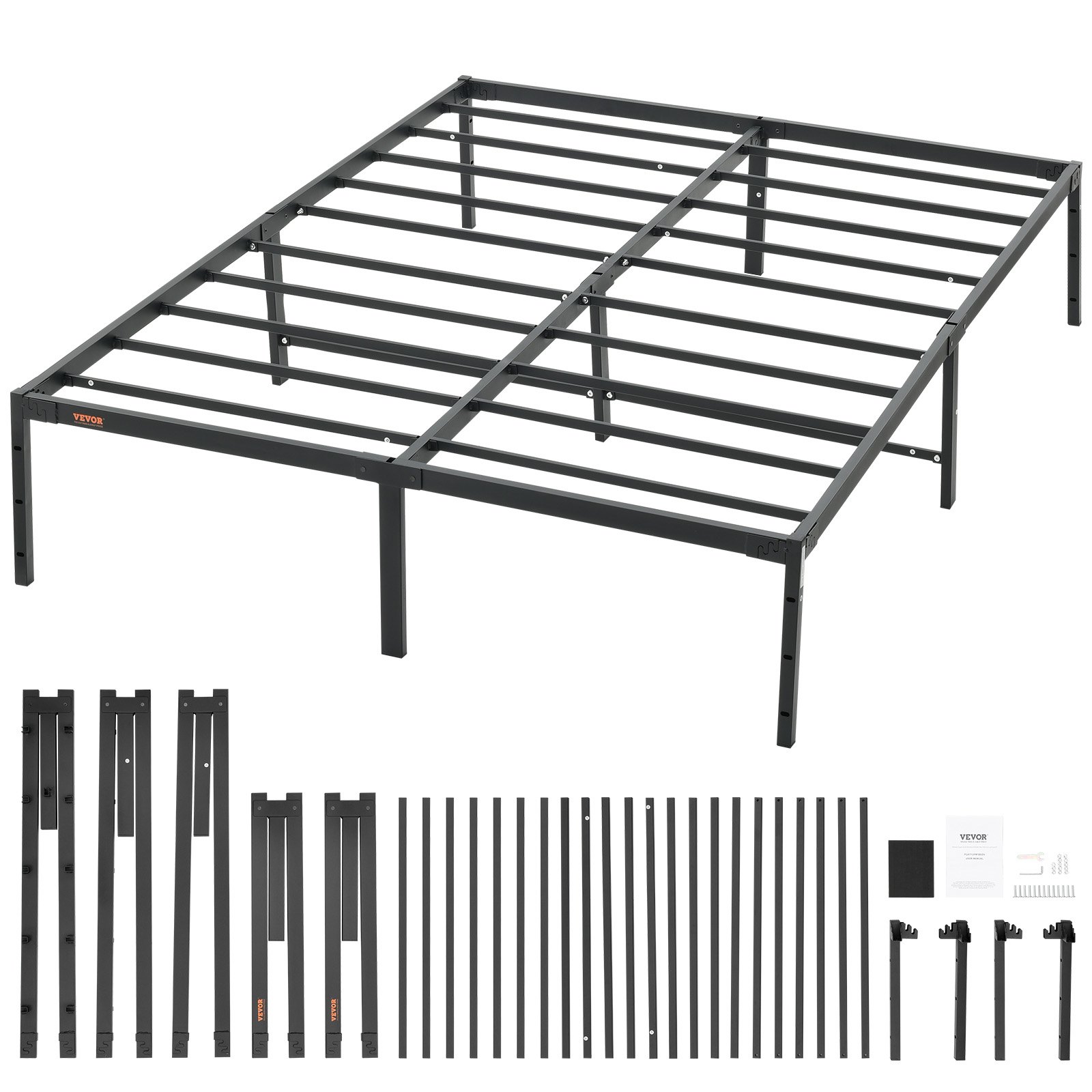 VEVOR 14 inch metal bed frame with black steel slats, frame pieces, and assembly tools laid out.