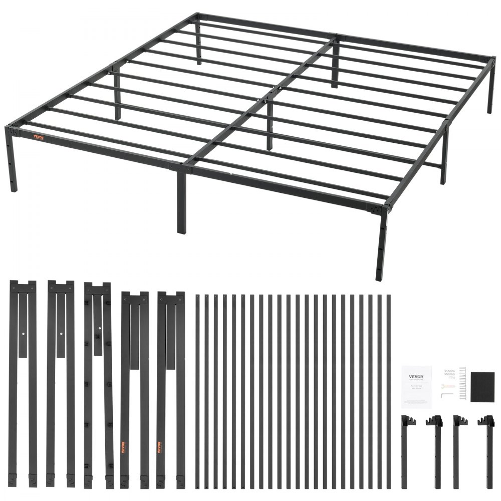 VEVOR king metal bed frame with black steel slats, assembly parts, and instruction manual.