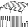 VEVOR king metal bed frame with black steel slats, assembly parts, and instruction manual.
