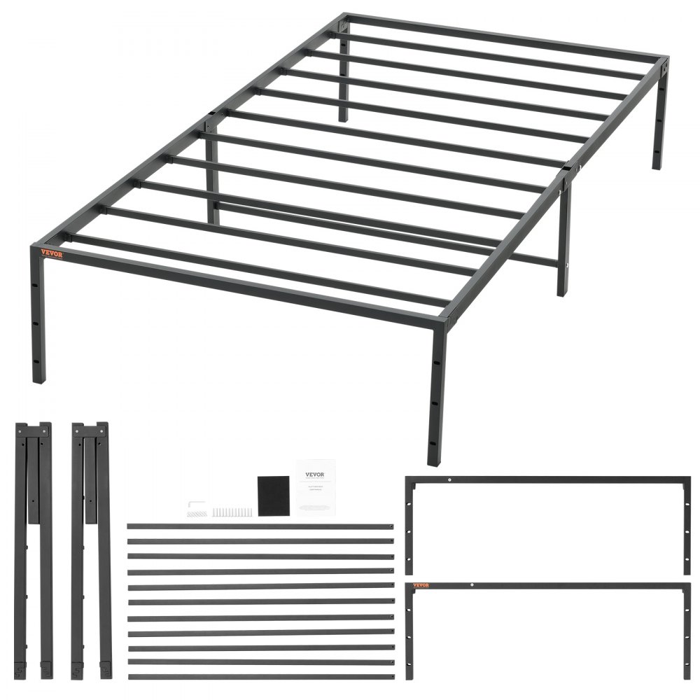 VEVOR 14 inch twin metal bed frame parts including side rails, slats, and assembly instructions.