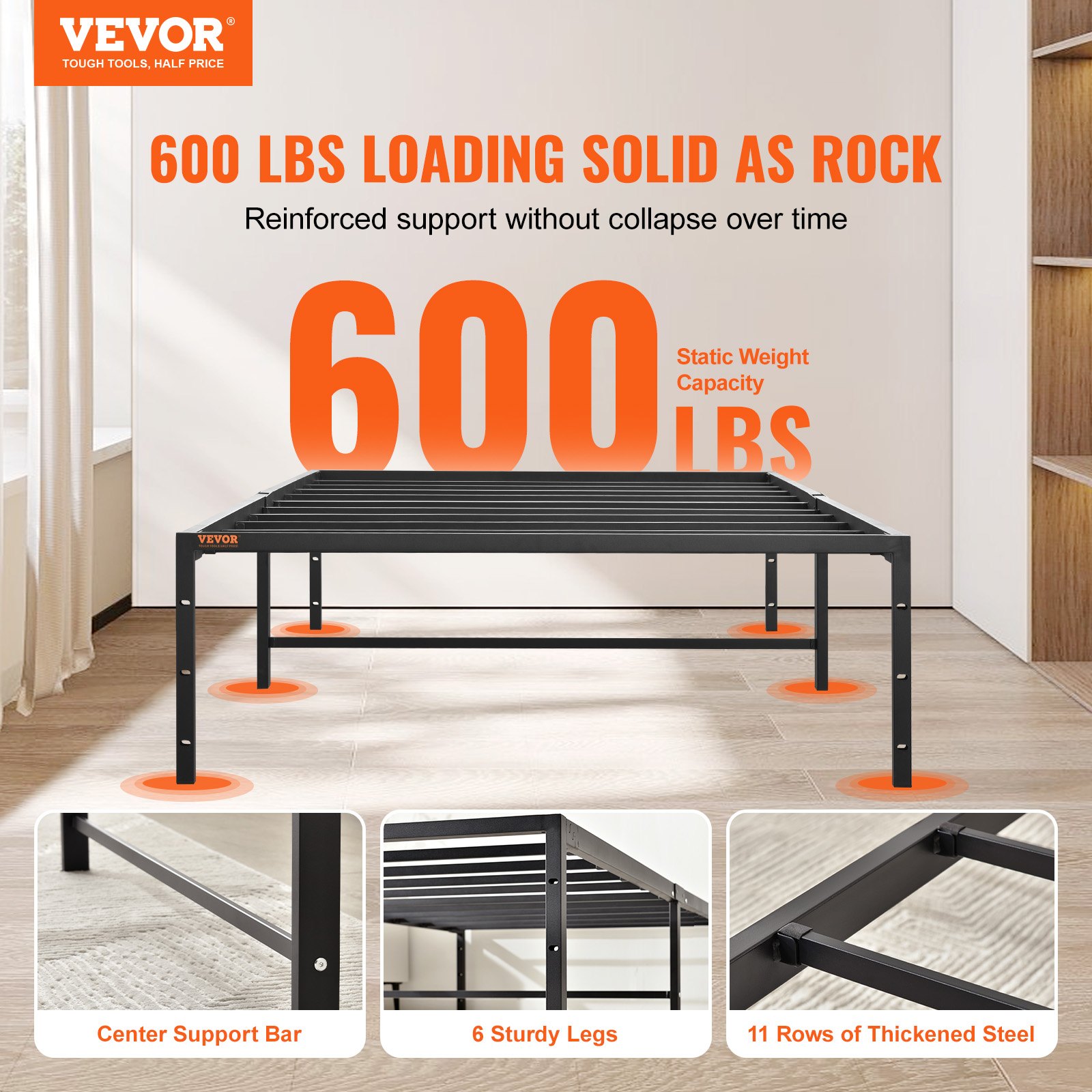 VEVOR 14 inch twin metal bed frame with 600 lbs static weight capacity, reinforced support, 6 sturdy legs.