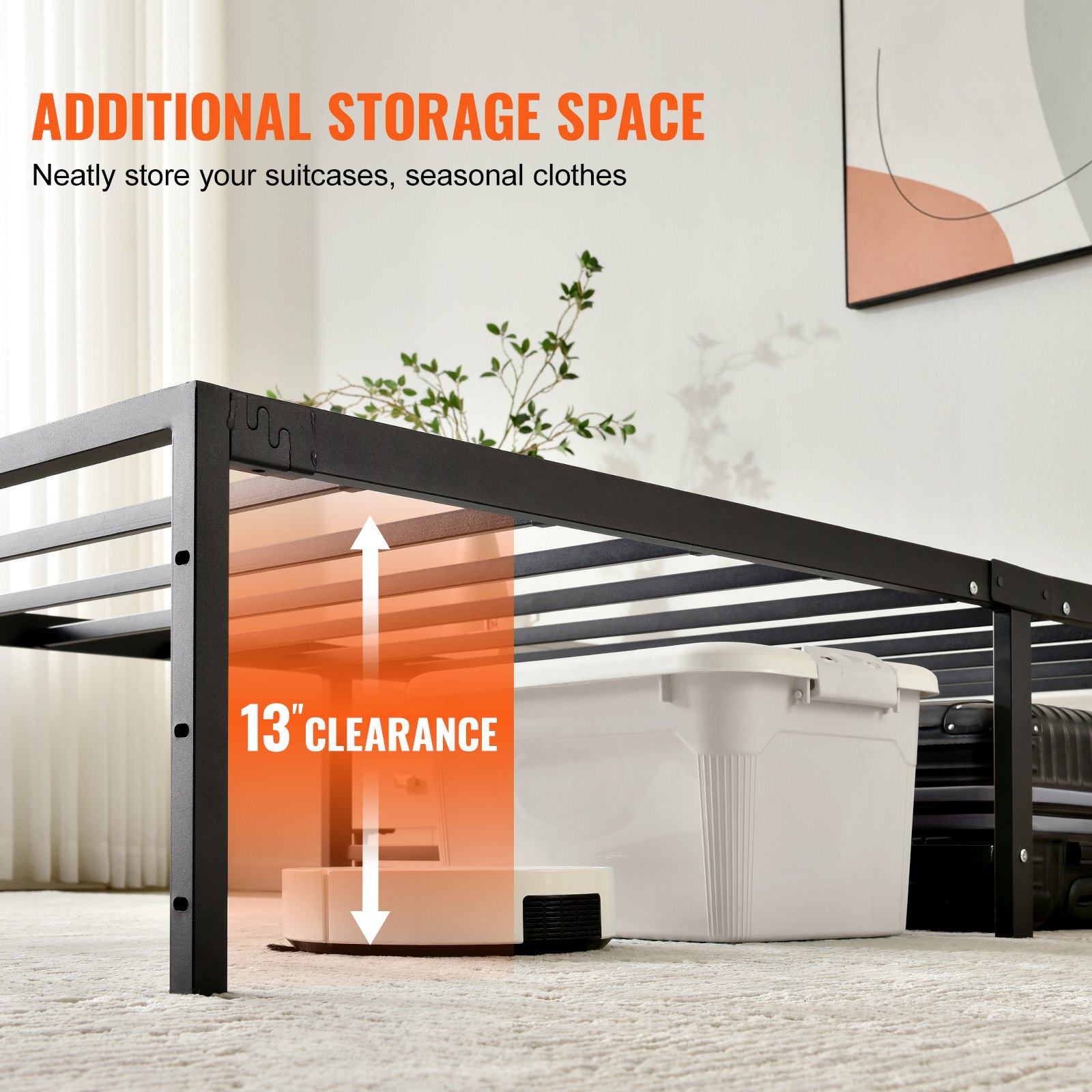 VEVOR 14 inch twin metal bed frame with 13&quot; storage clearance for suitcases and seasonal clothes.