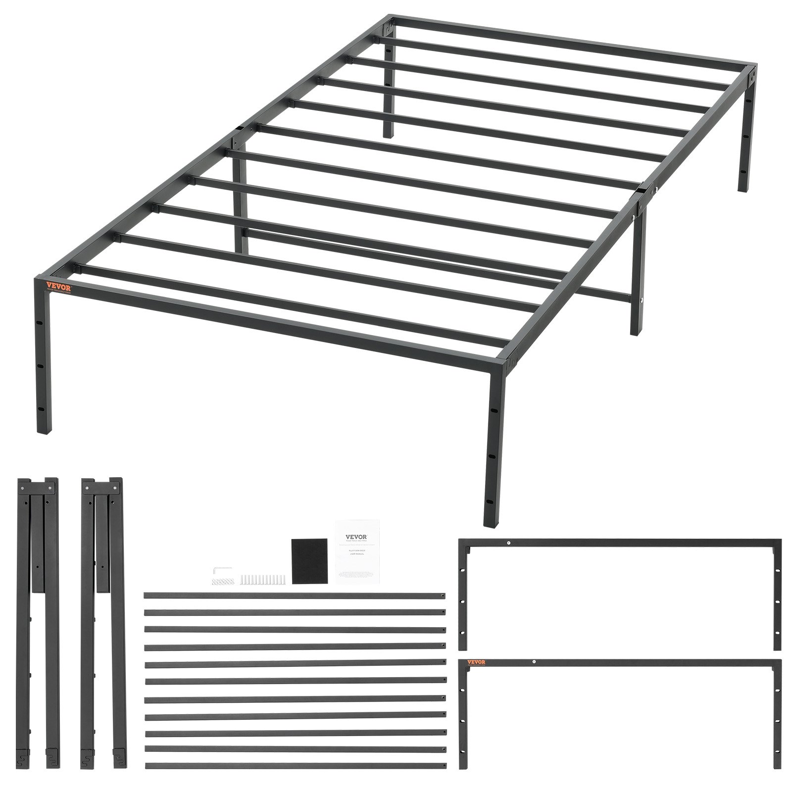 VEVOR 14 inch twin metal bed frame parts including side rails, slats, and assembly instructions.