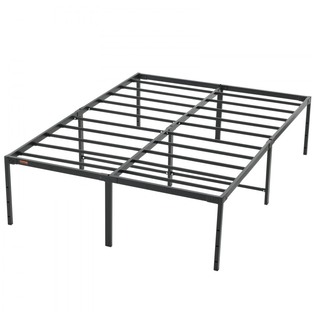 sturdy VEVOR metal bed frame with black steel slats and six legs for support.