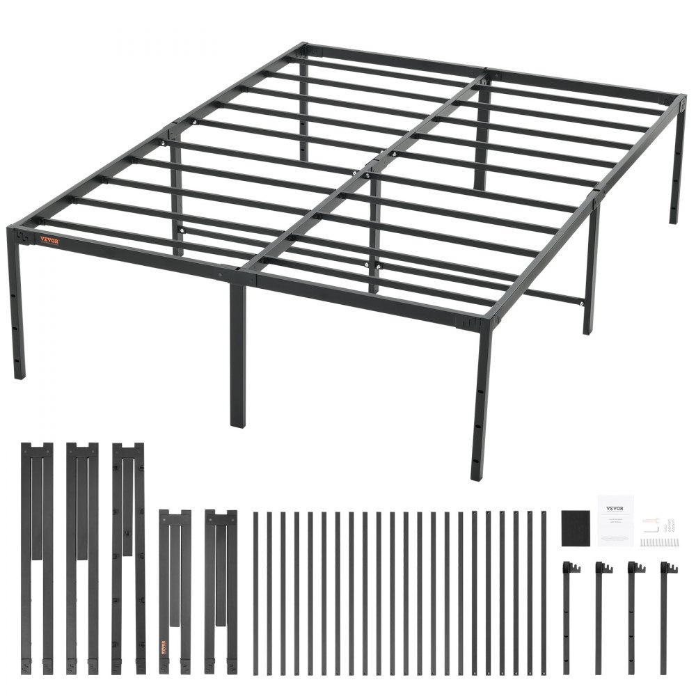 VEVOR metal bed frame assembly kit with black metal slats, legs, and detailed instruction manual.