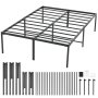 VEVOR metal bed frame assembly kit with black metal slats, legs, and detailed instruction manual.