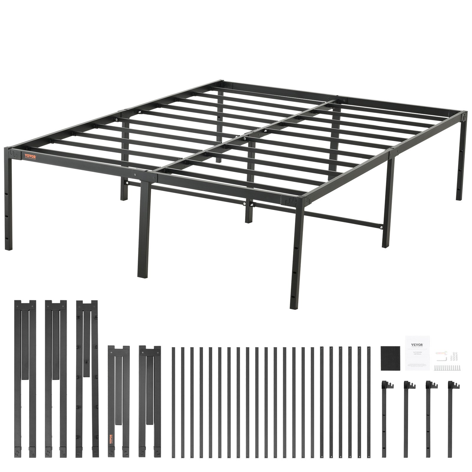 VEVOR metal bed frame with sturdy slats, support legs, and assembly parts laid out, ready for setup.
