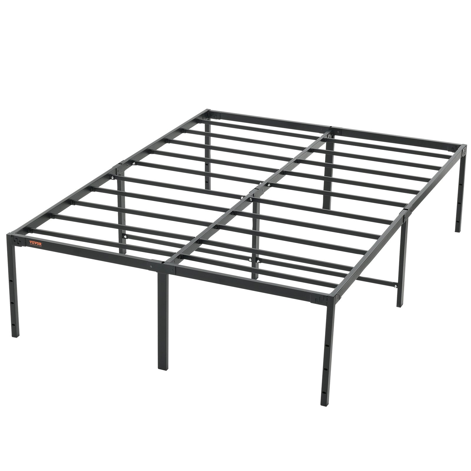 sturdy VEVOR metal bed frame with black steel slats and six legs for support.