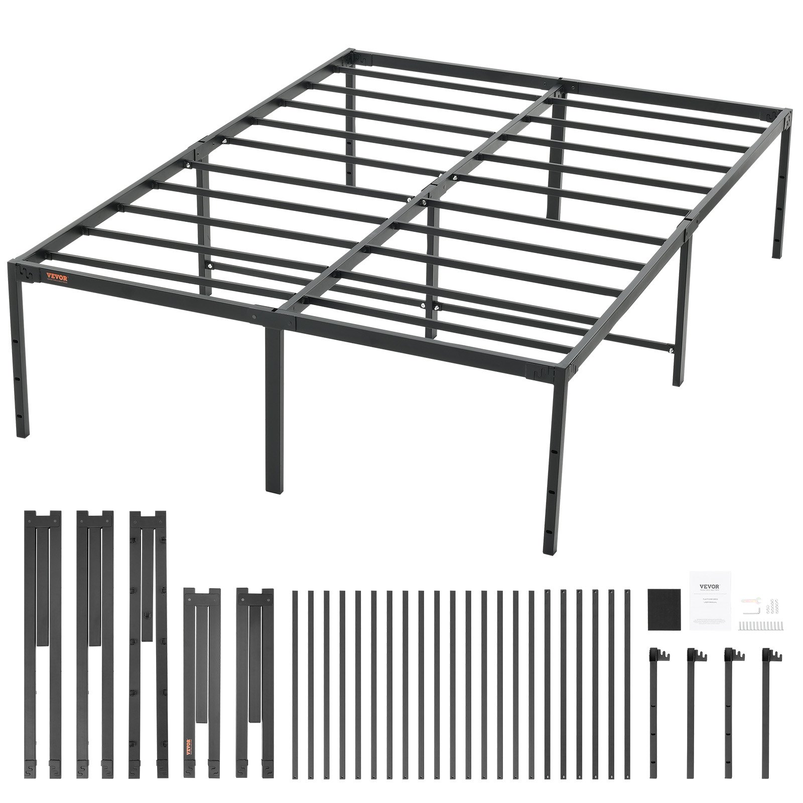 VEVOR metal bed frame assembly kit with black metal slats, legs, and detailed instruction manual.