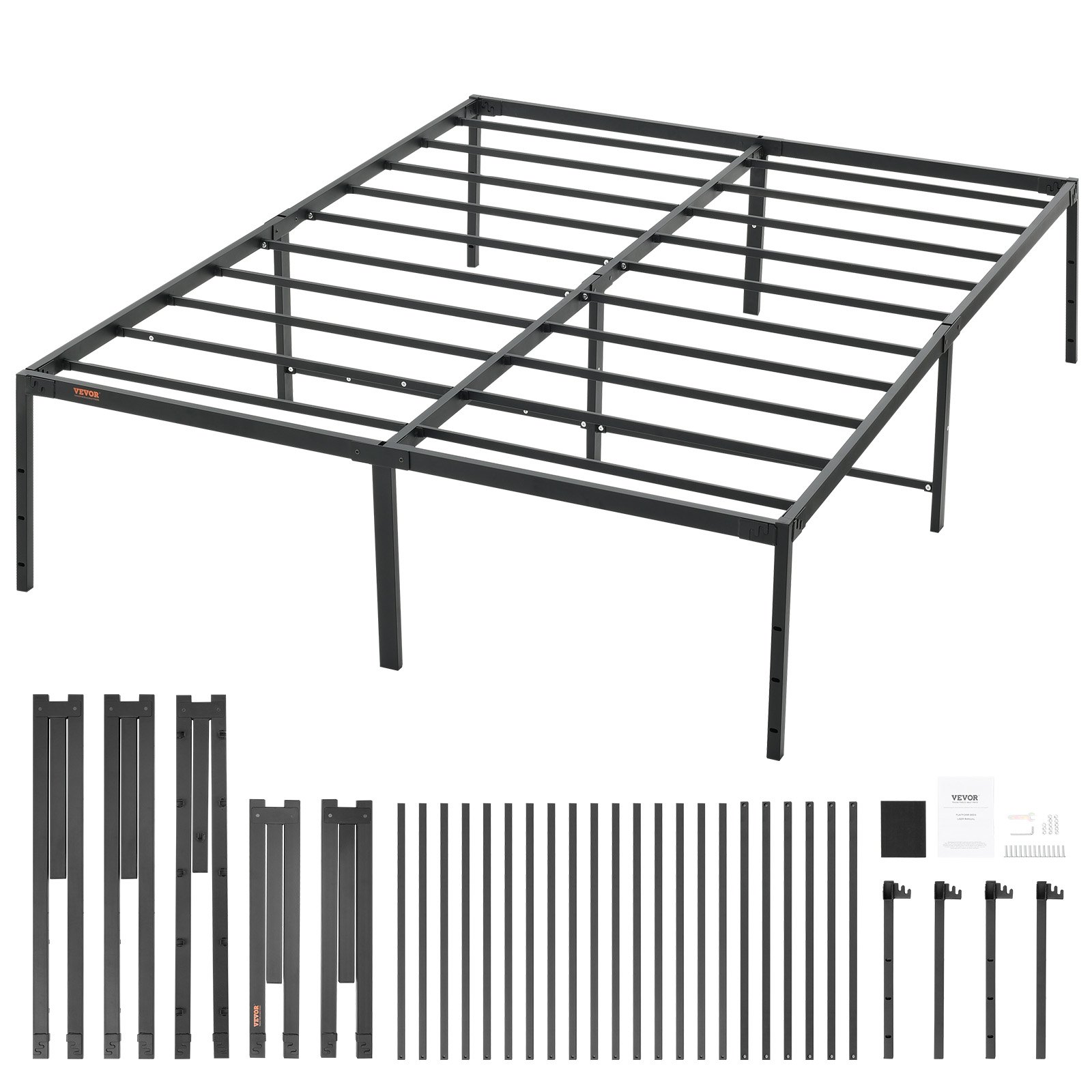 VEVOR queen metal bed frame parts separated, showcasing assembly components in black steel.