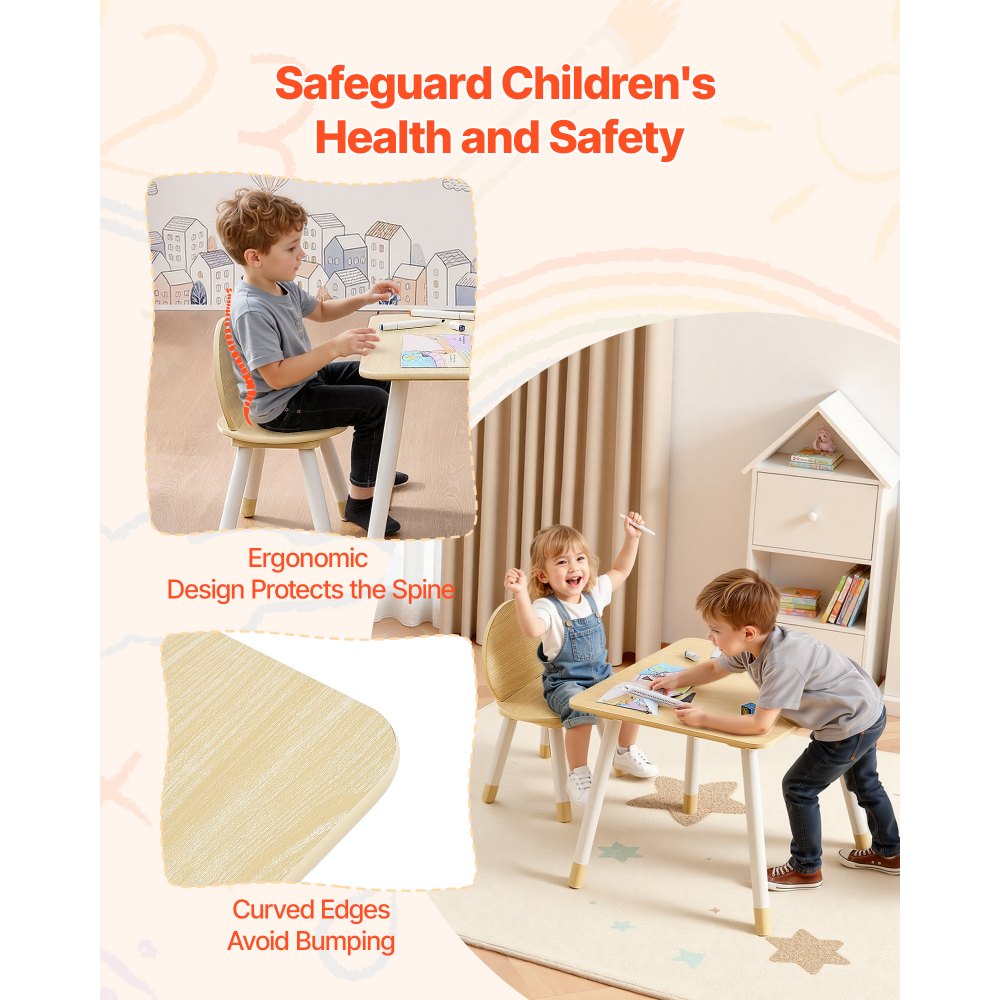 VEVOR Kids Table and 2 Chairs Set, Toddler Table and Chair Set with Rounded Edge Design & Graffiti Desktop, Wooden Desk for Art, Craft, Reading, Learning, Drawing, Classroom/Daycare/Home, Burlywood
