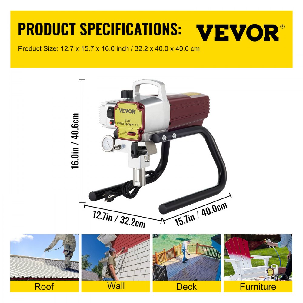 VEVOR Pro Airless Wall Paint Sprayer 1500W Electric Sprayer Gun Kit, 22Mpa Adjustable Spray Pressure with 15M Pipe for Wall & Ceiling/Wood & Metal Paint