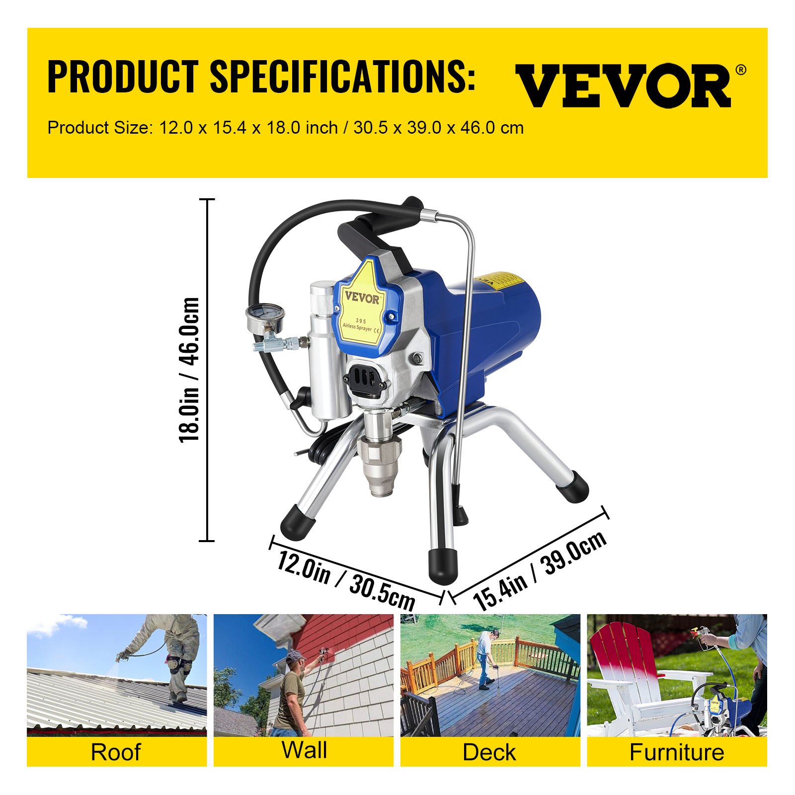 VEVOR 2000W 220V Airless Wall Paint Spray Gun with 15m high pressure pipe, Sprayer Machine High Pressure Spraying,Wall Paint Spray Gun paint sprayer for water-based and oil based interior and exterior