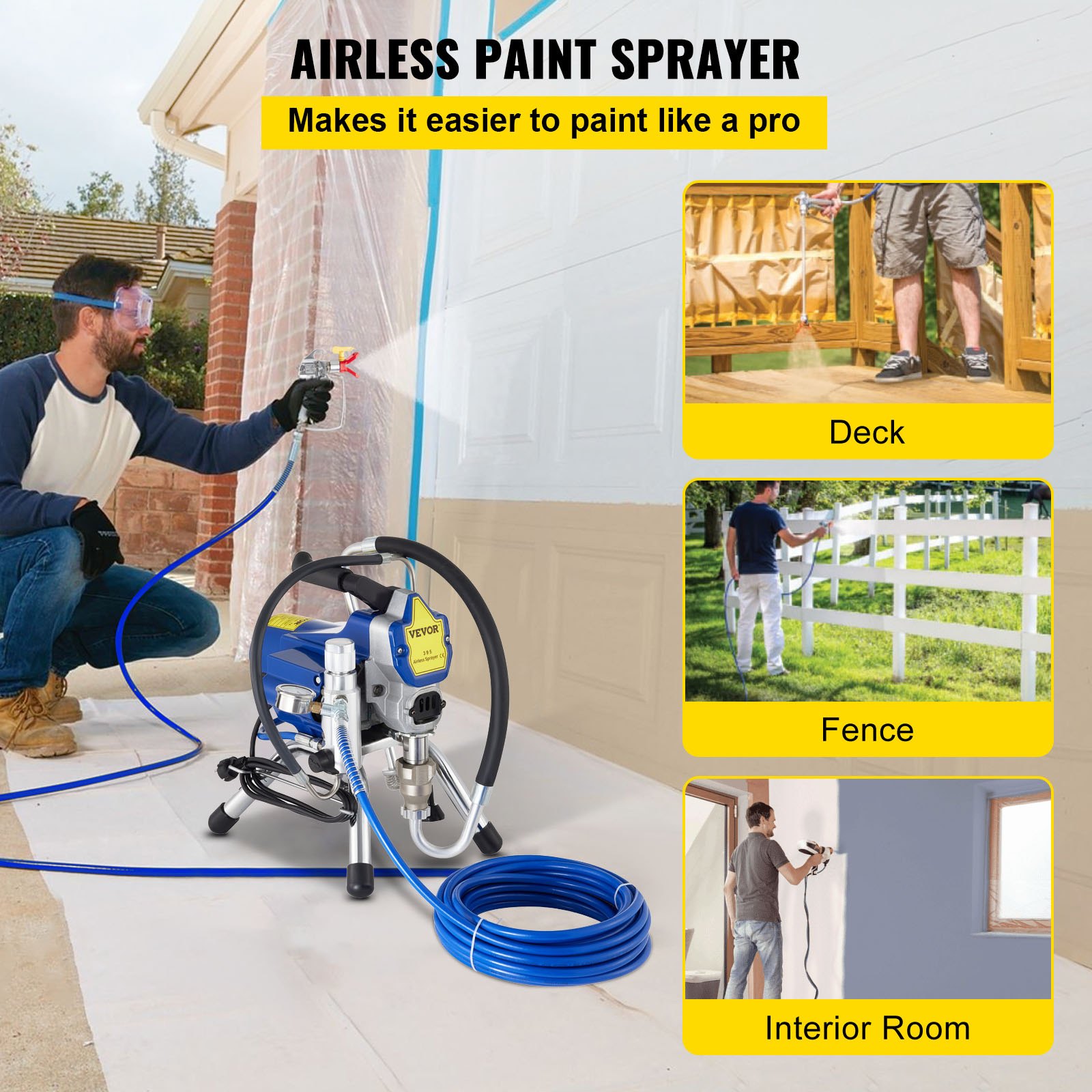 VEVOR 2200w Airless Wall Paint Spray Gun,220v airless sprayer with 5m high pressure pipe,High pressure 3000psi wall paint spray gun,airless paint sprayer Brushless Motor included