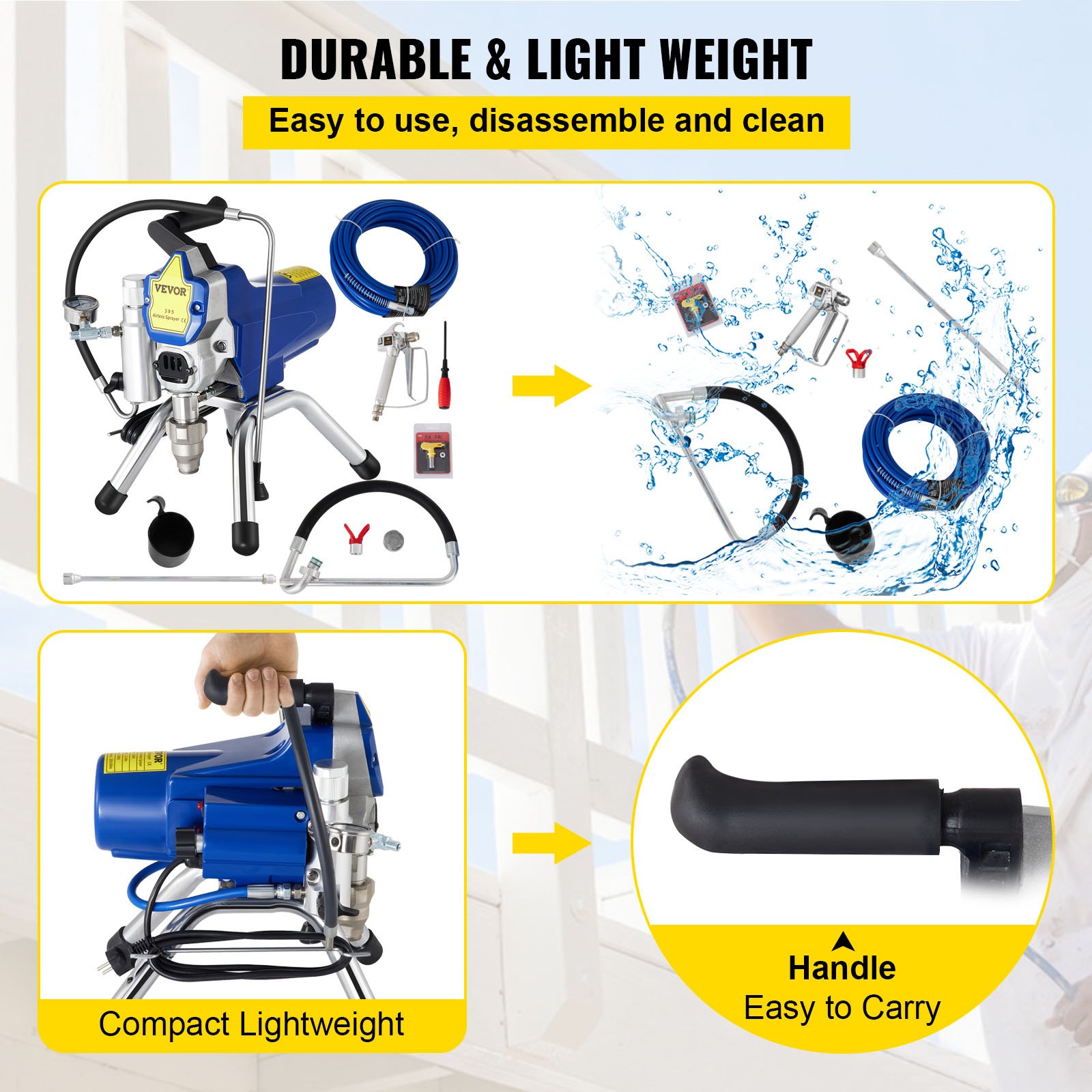 VEVOR 2200w Airless Wall Paint Spray Gun,220v airless sprayer with 5m high pressure pipe,High pressure 3000psi wall paint spray gun,airless paint sprayer Brushless Motor included