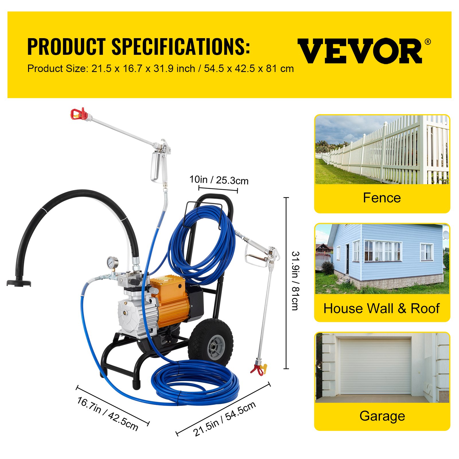 VEVOR Paint Sprayer 220V 3000W Airless Paint Sprayer 15m Hose Paint Gun 5HP 3300PSI Paint Sprayers For Home for ships, bridges, towers, poles and other large long-term industry metal structures