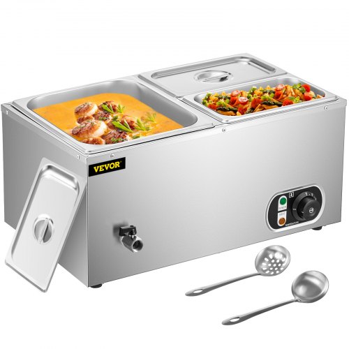 VEVOR 110V Commercial Food Warmer 1x1/2GN and 2x1/4GN, 3-Pan Stainless Steel Bain Marie 16 Qt Capacity,1500W Steam Table 15cm/6inch Deep,Temp. Control 86-185℉, Electric Soup Warmer w/ Lids & 2 Ladles