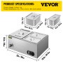VEVOR 110V Commercial Food Warmer 1x1/2GN and 2x1/4GN, 3-Pan Stainless Steel Bain Marie 16 Qt Capacity,1500W Steam Table 15cm/6inch Deep,Temp. Control 86-185℉, Electric Soup Warmer w/ Lids & 2 Ladles