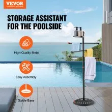VEVOR Towel Rack, 3 Bars Outdoor Towel Holder with Metal Base, Freestanding Pool Towel Hanger Stand Next to Hot Tub, Outdoor or Indoor Quilt Drying Rack Organizer for Pool, Bathroom, Spa, Black