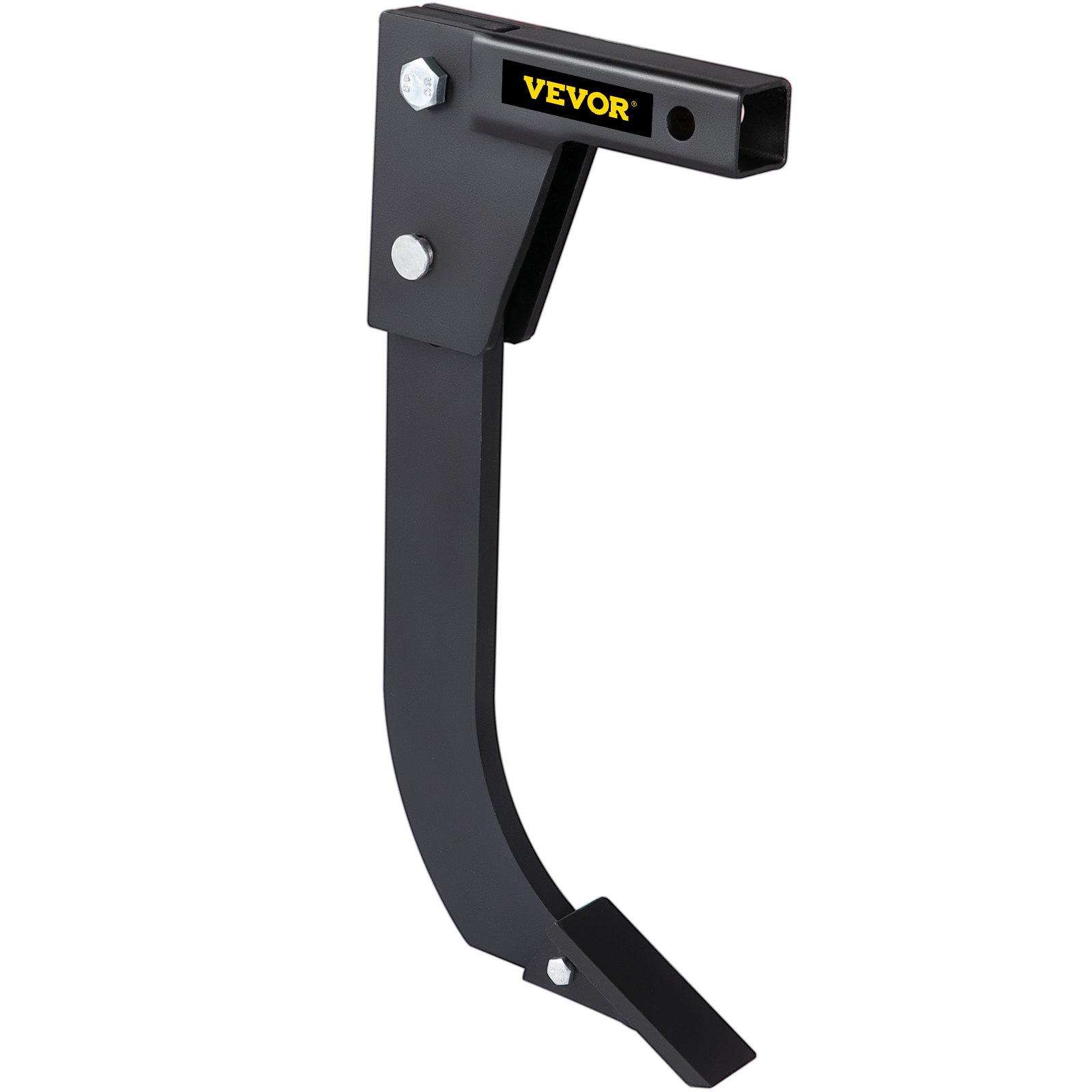 black VEVOR hitch mounted ripper with bolts and yellow logo.