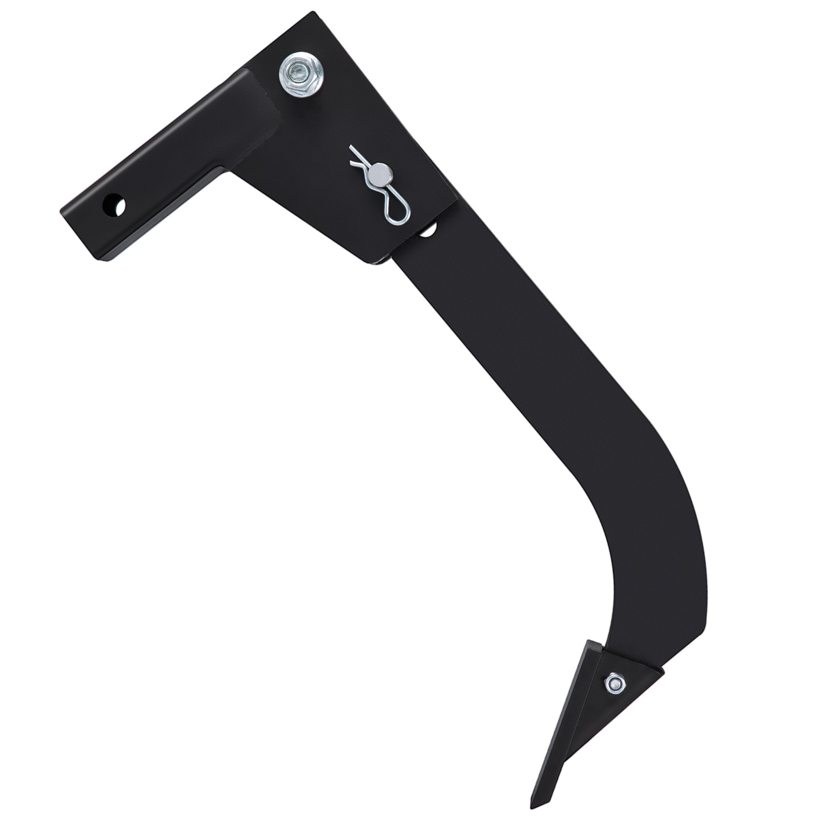 VEVOR hitch mounted ripper with curved blade and securing pin in black finish.