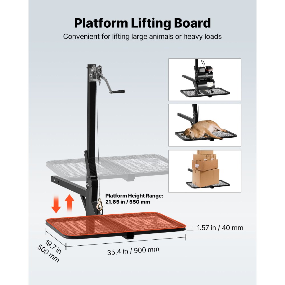 VEVOR Hitch Deer Hoist with Lifting System Platform, 300 lbs Load Capacity, Game Hoist Winch Lift with 2-inch Receiver, 360-Degree Swivel Shaft & Foldable, Hitch-Mounted Deer Hanger for Moving Game