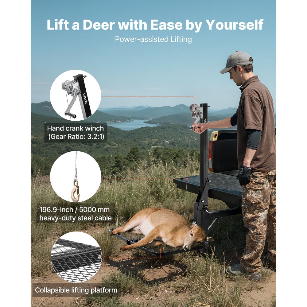 VEVOR Hitch Deer Hoist with Lifting System Platform, 300 lbs Load Capacity, Game Hoist Winch Lift with 2-inch Receiver, 360-Degree Swivel Shaft & Foldable, Hitch-Mounted Deer Hanger for Moving Game