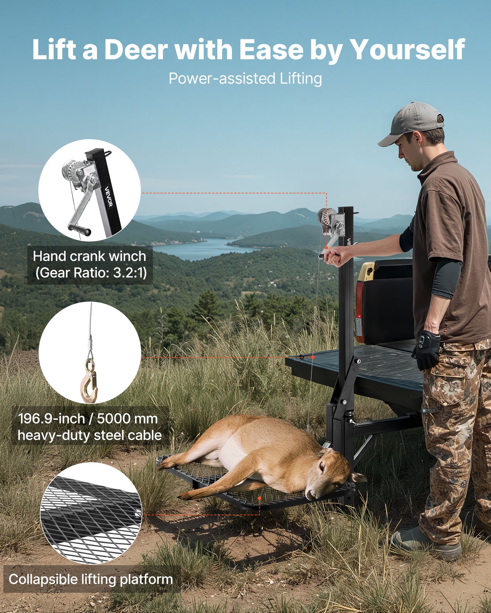 VEVOR Hitch Deer Hoist with Lifting System Platform, 300 lbs Load Capacity, Game Hoist Winch Lift with 2-inch Receiver, 360-Degree Swivel Shaft & Foldable, Hitch-Mounted Deer Hanger for Moving Game